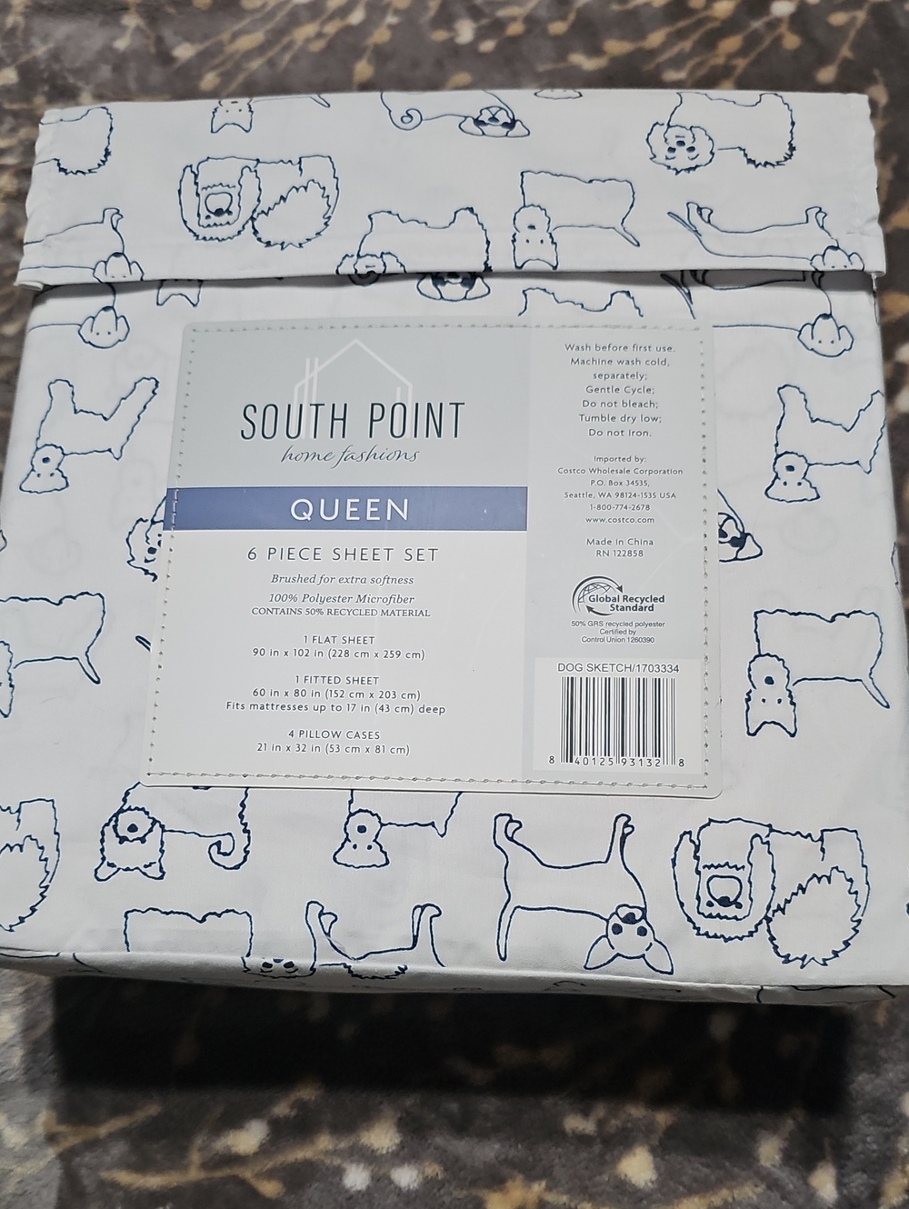 Queen 6-Piece Sheet Set - White with Navy Dog Sketch